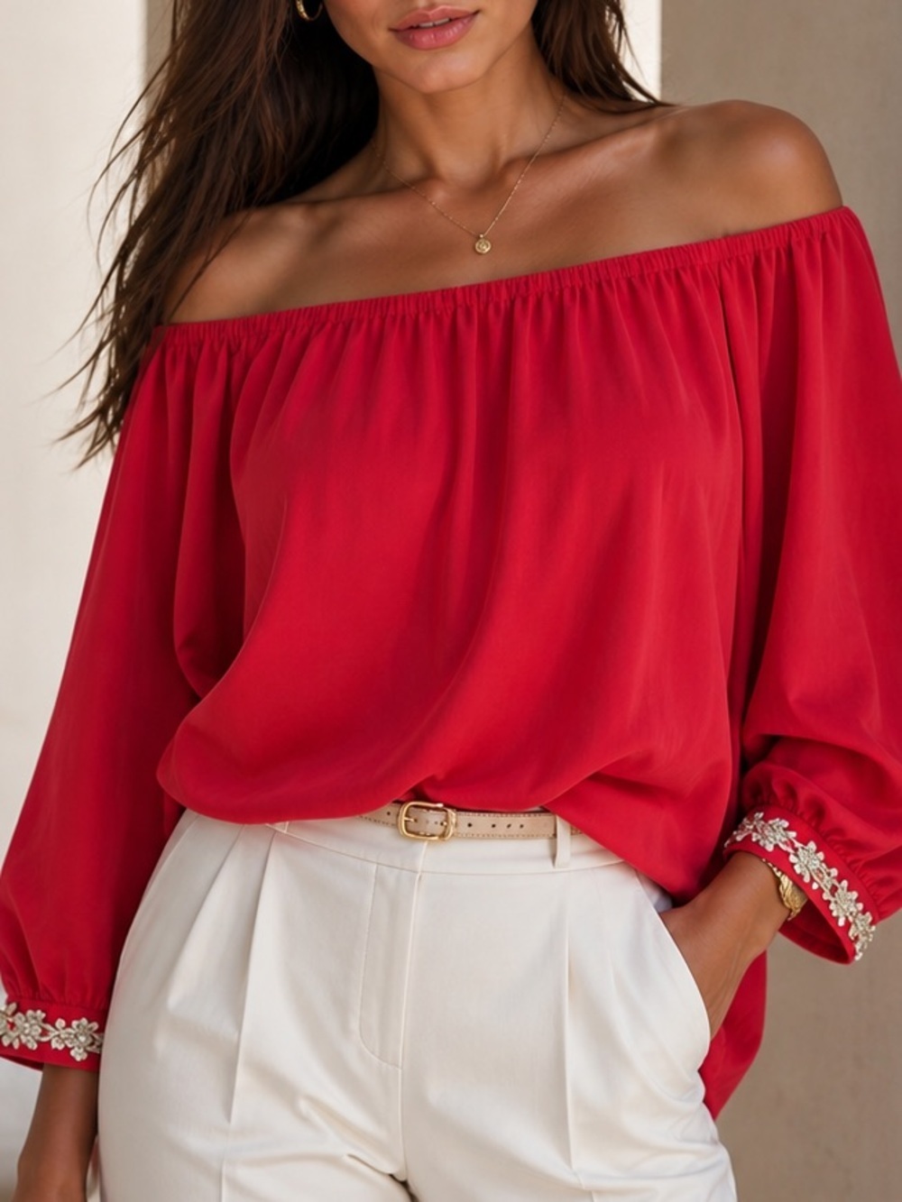 Studio Badgley Mischka Red Embellished Cuffs Blouse (Z15)